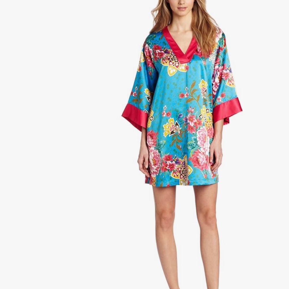 Natori Turquoise Floral Satin Mini Dress with Pink Trim